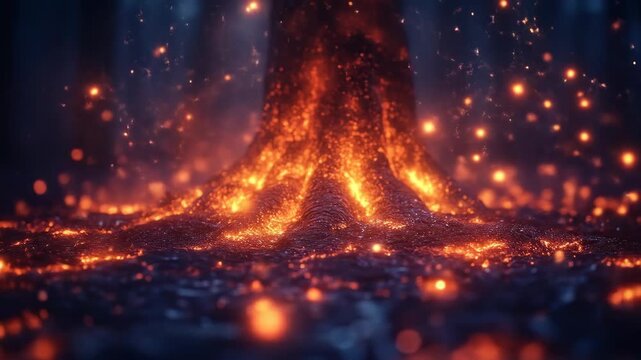 Fiery roots of a tree in a dark forest.  Molten, glowing roots emerge from the earth, surrounded by sparks and embers.  Deep forest, dark, mysterious, with a ts