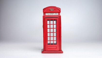 Obraz premium red traditional phone booth miniature with glass paneled doors and visible interior phone on white background