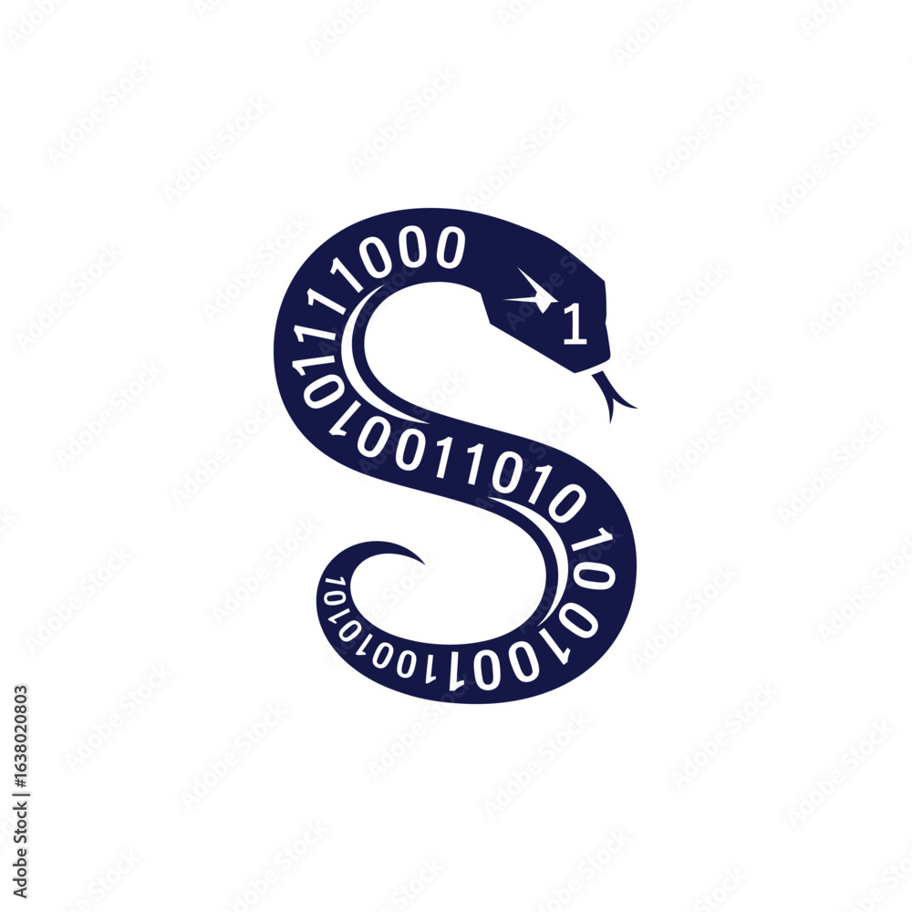 Poster a stylized snake symbol shaped like the letter s with binary code markings.