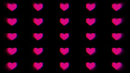 Neon pixelated heart pattern in pink on black. Retro 80s look, holographic, trippy glow. Digital art, posters, social media, modern 90s creative banner.