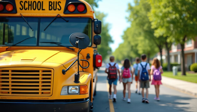 Yellow school bus stopped on tree-lined street for children with bright stop sign. Concept of child safety education transport. Kids with backpacks walk down road near suburban houses.