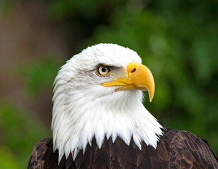 Obraz premium American Eagle and the Stars A majestic bald eagle the symbol of freedom and strength gazes with unwavering focus against a backdrop of the American flag. A patriotic avian portrait