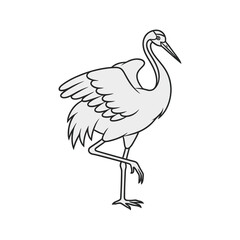 A crane illustration stands on one leg with wings slightly spread.