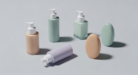 Aesthetic arrangement of pastel colored soap dispensers and solid soap bars with soft shadows