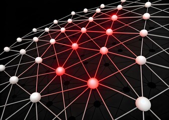 Abstract network design with glowing red nodes representing data connections and communication paths on a dark background with white spheres.