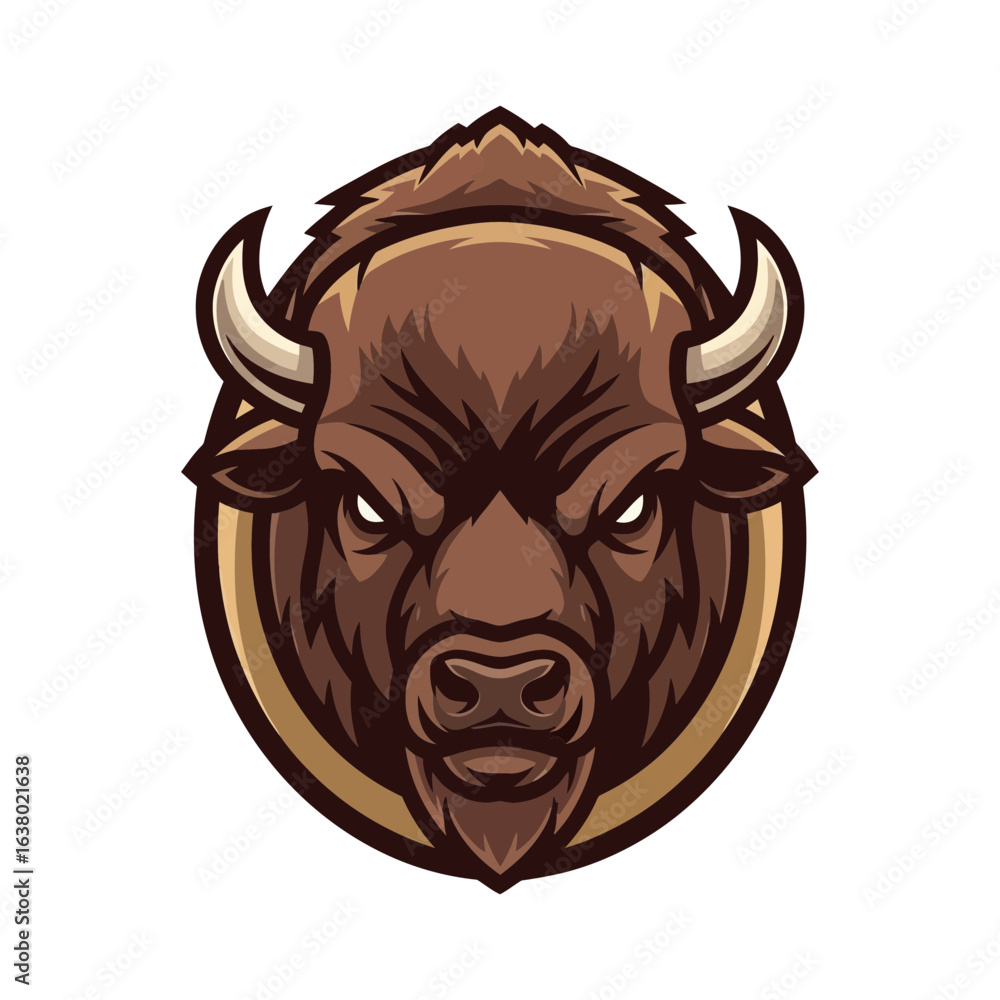Poster a stylized bison head with horns and a stern expression inside a circular frame.