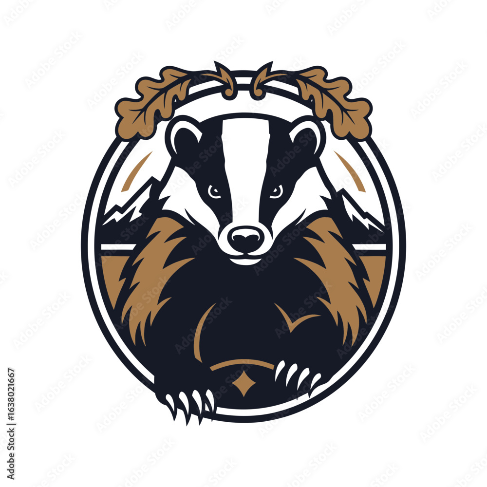 Poster a badger illustration within a circular frame with oak leaves and a decorative element.