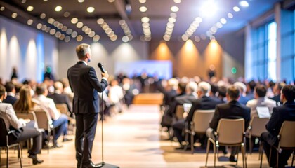 Blurred Corporate Conference with Speaker on Stage