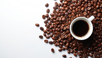 Obraz premium White cup of hot black coffee sits surrounded by roasted coffee beans. Image captures of morning beverage, perfect for breakfast caffeine boost. Rich aroma, dark color suggest strong, delicious