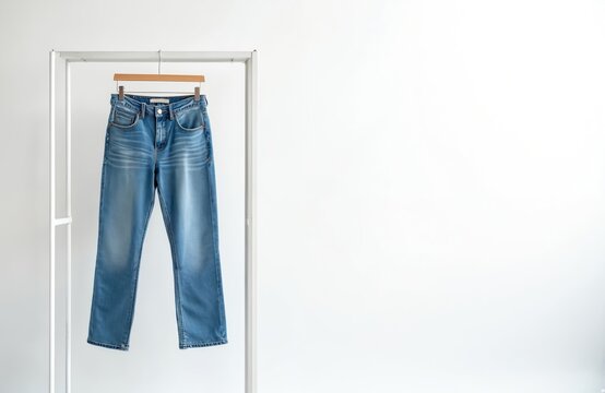 Clean blue jeans hang on silver hanger against white backdrop. Simple online shopping concept with ample copy space for text. Denim trousers showcase casual style and cotton fabric texture.