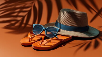 Summer Essentials Still Life: Sunglasses, Straw Hat, Flip-Flops, and Tropical Shadows on a Brown Background