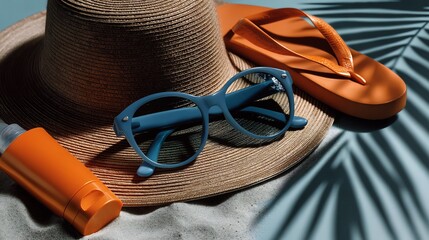 Summer Essentials: Beach Hat, Sunglasses, Sunscreen, and Sandals on Sandy with Leaf Shadows.
