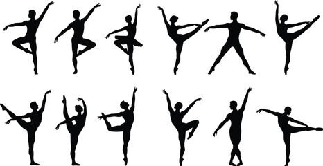 Ballet dancer silhouettes in multiple poses, male and female ballerinas performing elegant movements, black vector art, dance performance illustration