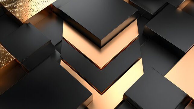 Abstract geometric pattern of black and gold cubes.