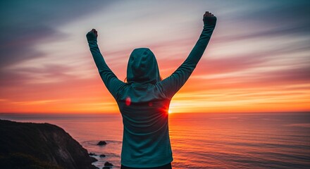 Achieve Your Goals Inspiring Sunset Ocean Victory Image