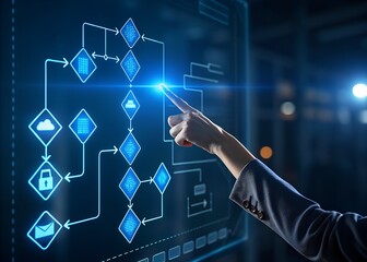 A person's finger touches a digital screen displaying a complex process flow with interconnected elements and connections signifying progress.