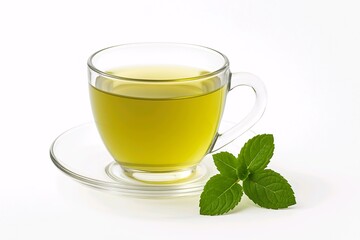 Hot green tea in glass cup with fresh mint leaves on white background