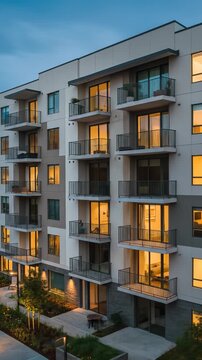 Modern Apartment Building: Luxury condo facade featuring stylish balconies at dusk