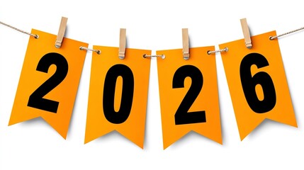 The year 2026 shown with individual numbers on hanging orange banners, suggesting time passing and future plans.