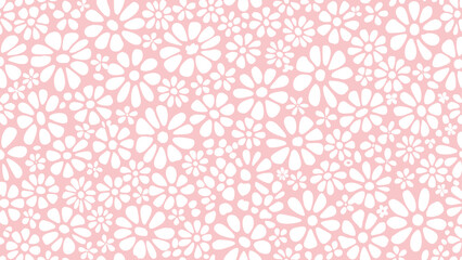 Seamless pattern of white daisy flowers on a pastel pink background creating a dense floral design
