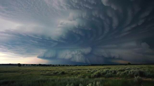A dramatic rotating supercell thunderstorm with a powerful mesocyclone dominates the sky above a vast, open prairie.