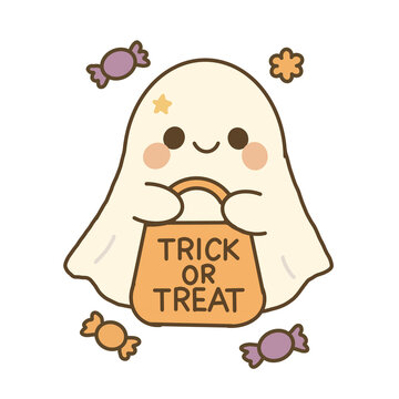 งานศิลปะที่ไม่มีชื่อCute Kawaii Ghost with Trick or Treat Bag and Halloween Candy &ndash; Transparent Background