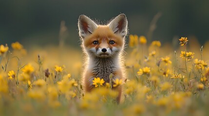 Curious baby fox peeking through wildflowers