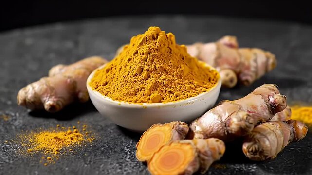 Golden Turmeric Powder in White Bowl with Roots on Dark Stone Surface