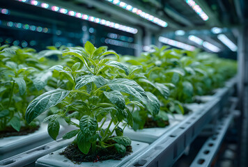 plant grow in hi-tech controlling environment with bright light in research and experiment theme, concept for future agricultural, vertical farming, high- tech garden tools, hydroponic gardens,