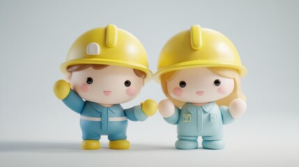 Two Construction Workers with Yellow Hard Hats Posed Together.