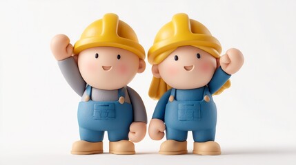 Two cheerful construction workers with raised hands and helmets, standing side by side, ready to start.