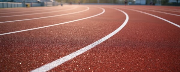 Athletic stadium running track with white lane lines. Red synthetic surface designed for sprinting, jogging, marathons. Modern stadium for sports, games, training, and competitions.