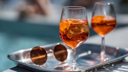 Two Refreshing Aperitif Glasses on a Silver Tray With Sunglasses, Ready for a Leisurely Summer Afternoon.