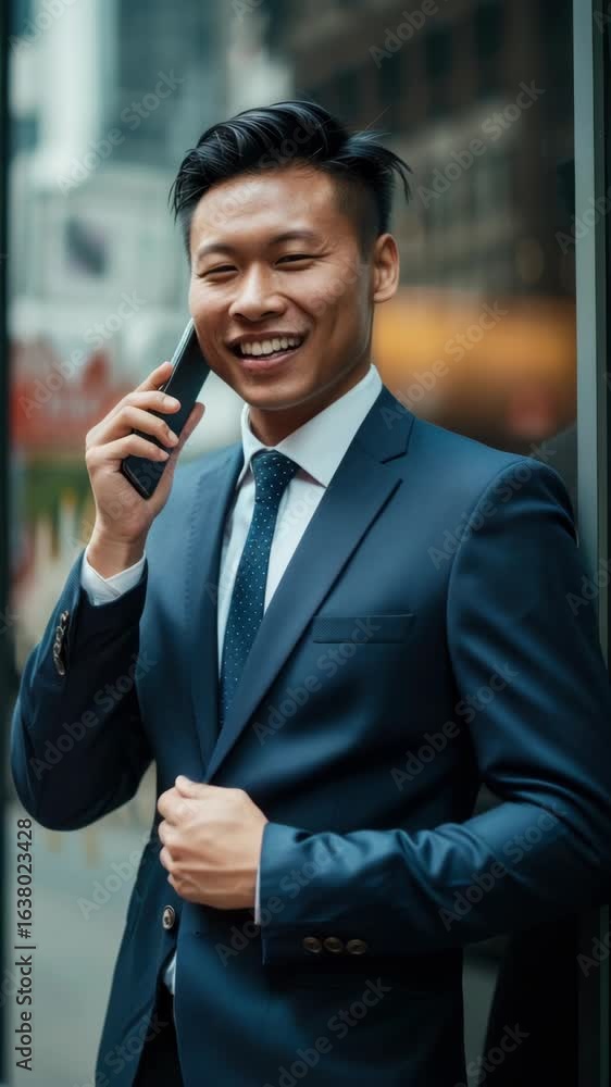 Poster man in suit smiling at camera while talking on cell phone. city setting with blurred background.