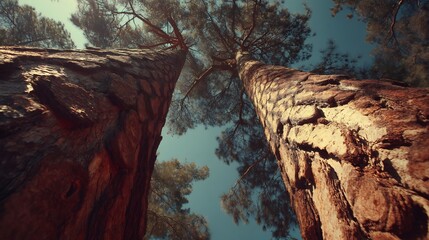 Upward perspective view of tall trees reaching towards the sky, creating a canopy of branches.