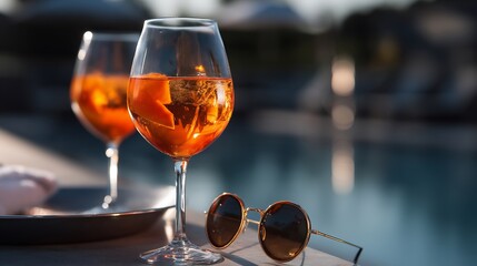 Two Stemmed Glasses of Orange-Hued Beverage with Sunglasses on Table, Outdoor Setting.