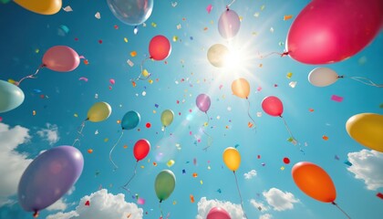 Colorful balloons, confetti soar in vibrant sunny sky. Blue sky backdrop with bright sun flares. Festive, joyful atmosphere perfect for celebrations, parties, summer events, expressing happiness.