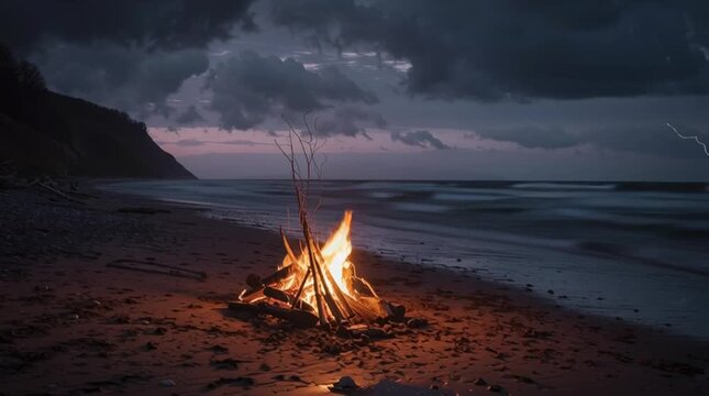 Burning Embers: A captivating dusk scene of a bonfire burning brightly on a sandy beach, casting a warm glow against the cool, moody backdrop of the ocean and storm-filled skies.