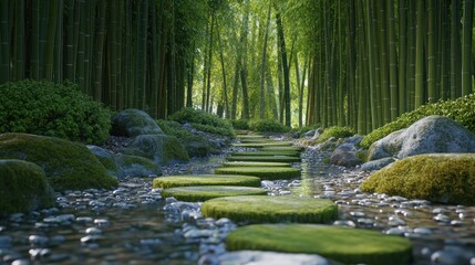 Obraz premium Bamboo forest pathway stone walk