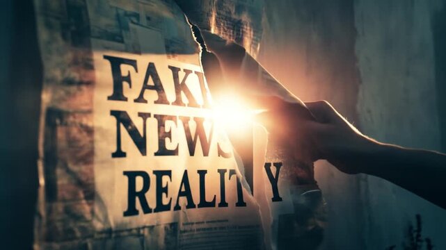 Newspaper headline showing fake news and reality concept with sunlight in the background, symbolizing media misinformation.