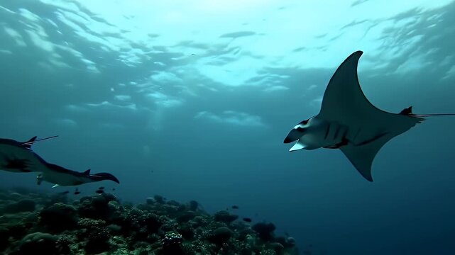 Manta Rays Gracefully Swimming in Turquoise Sea near Coral Reefs Wildlife Marine Life