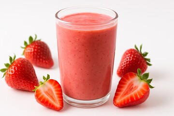 Fresh strawberry smoothie in glass with strawberries