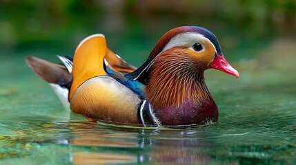 Vividly Colored Male Waterfowl on a Tranquil Body of Water, Showcasing Beautiful Plumage and Nature's Wonders.