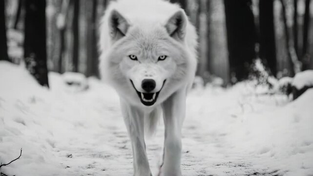 A lone wolf walking on a snow-covered forest path