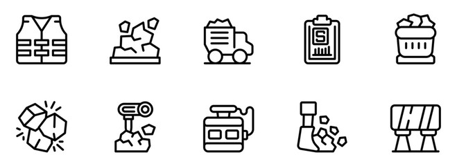 Ice Harvesting Icons:  A Collection of Ten Minimalist Line Art Illustrations Depicting Equipment, Processes, and Safety Gear Related to Ice Production and Transportation.