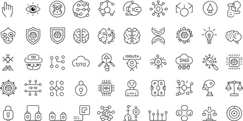 Artificial intelligence icon set, machine learning line icons, neural network symbols, data analysis, cybersecurity, futuristic tech design pack