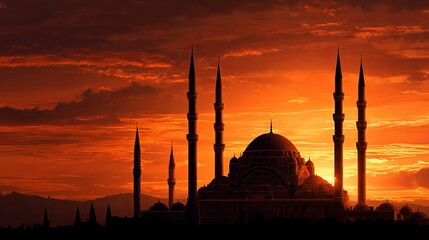 Stunning mosque silhouette against vibrant sunset sky evokes peacefulness and reflection