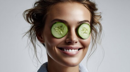 Woman with Cucumber Slices on Eyes, Smiling with Delight, Promoting Relaxation and Beauty