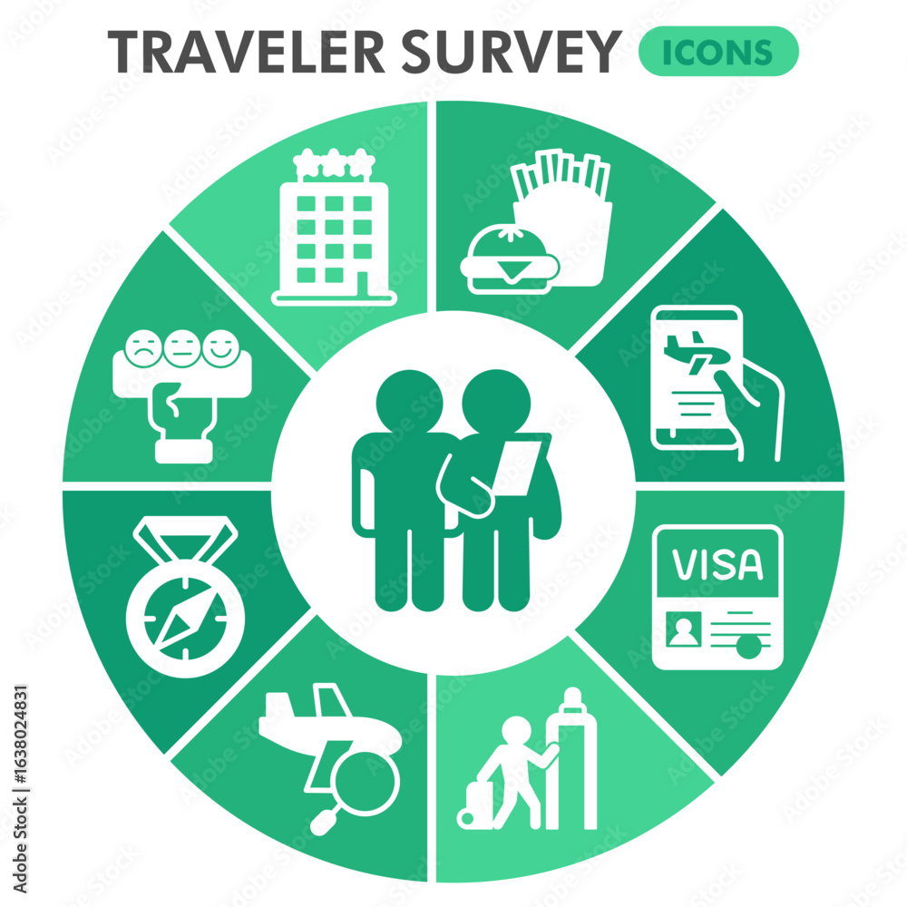 Poster travel survey symbols collection or sketches, traveling theme bubble with glyph style signs for web 