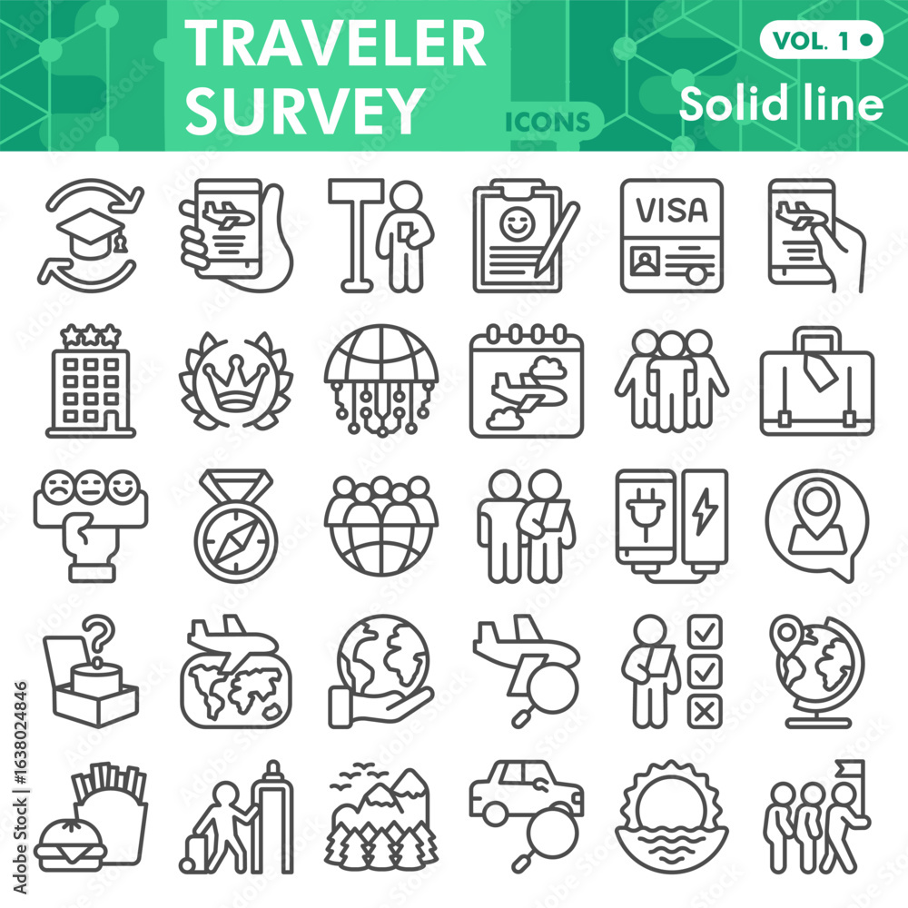 Poster travel survey symbols collection or sketches, traveling theme bubble with line style signs for web a
